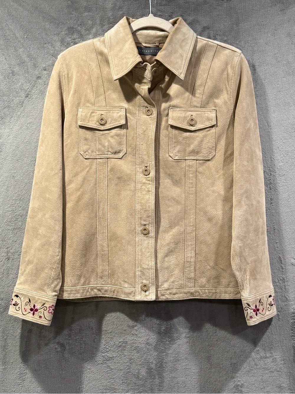 Relativity VTG Size M Genuine Suede Beige Leather Jacket Floral Embroidery